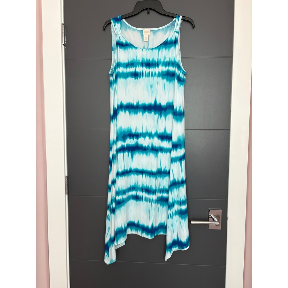 Chicos Tie Dye Sharkbite Hem Sleeveless Midi Dress Blue White Size 2 Large